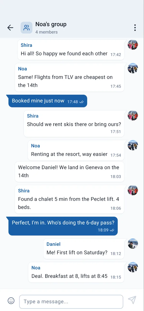 A group chat planning a ski trip